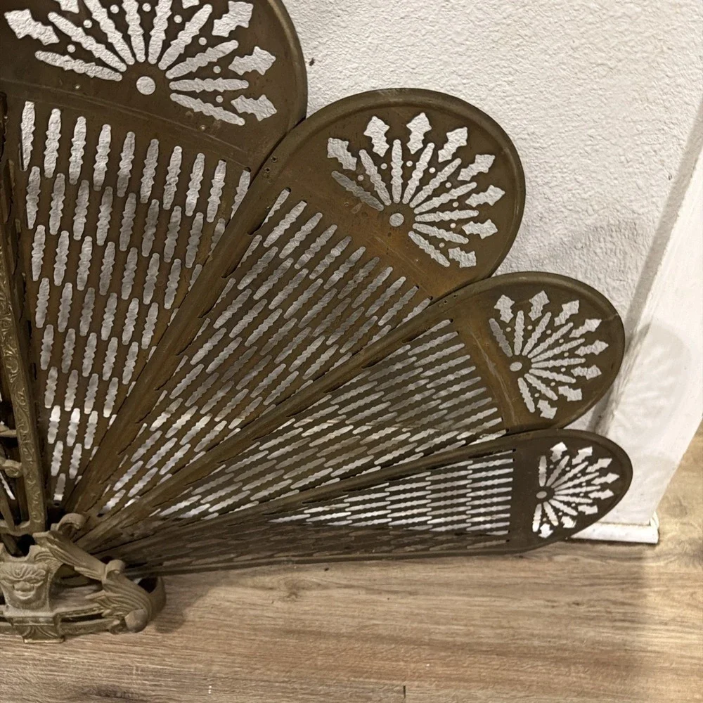 Vintage Brass Peacock Fireplace Screen Art Deco Woman Fan L  33